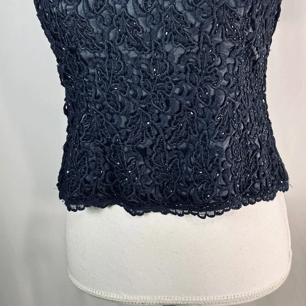 Carmen Marc Valvo Black Beaded Lace Evening Top Short Sleeve Scoop Neck Size 4 - Picture 4 of 10